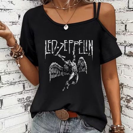 🎸🔥 Rock Goddess Vibes – LED Zeppelin Off-Shoulder Shirt🤘✨