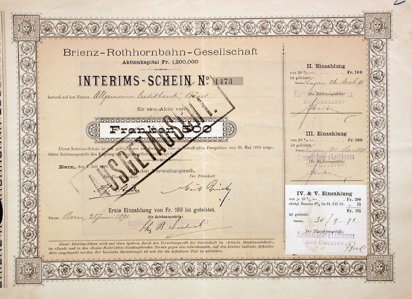 Documenti: Brienz-Rothhornbahn-Gesellschaft, Bern - 1890 – Usato da Solothurn venduto da Sgasche