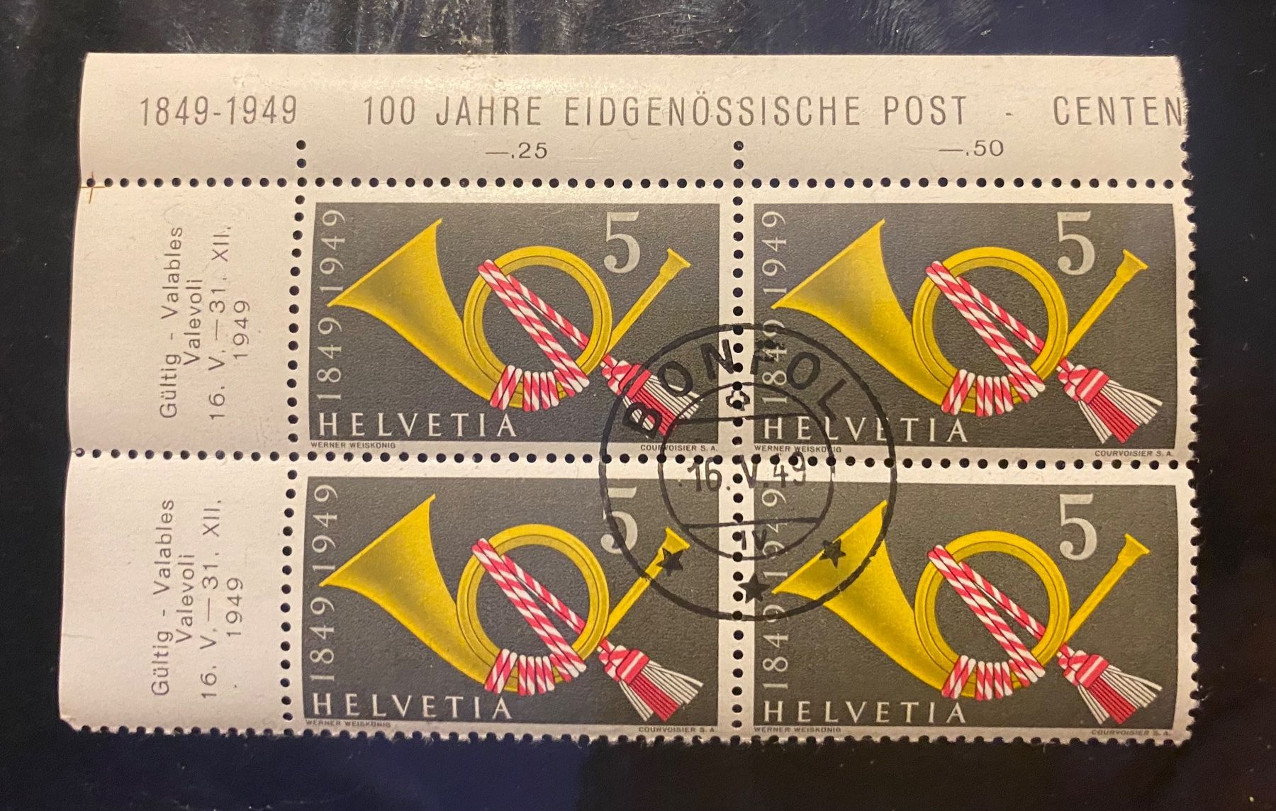 Alle Briefmarken: 1949 Serie VB ET "Bonfol" 100 J. eidg. Post + 75 J. Weltpost – Neu (gemäss Beschreibung) aus Schnottwil von Chasarmar 1