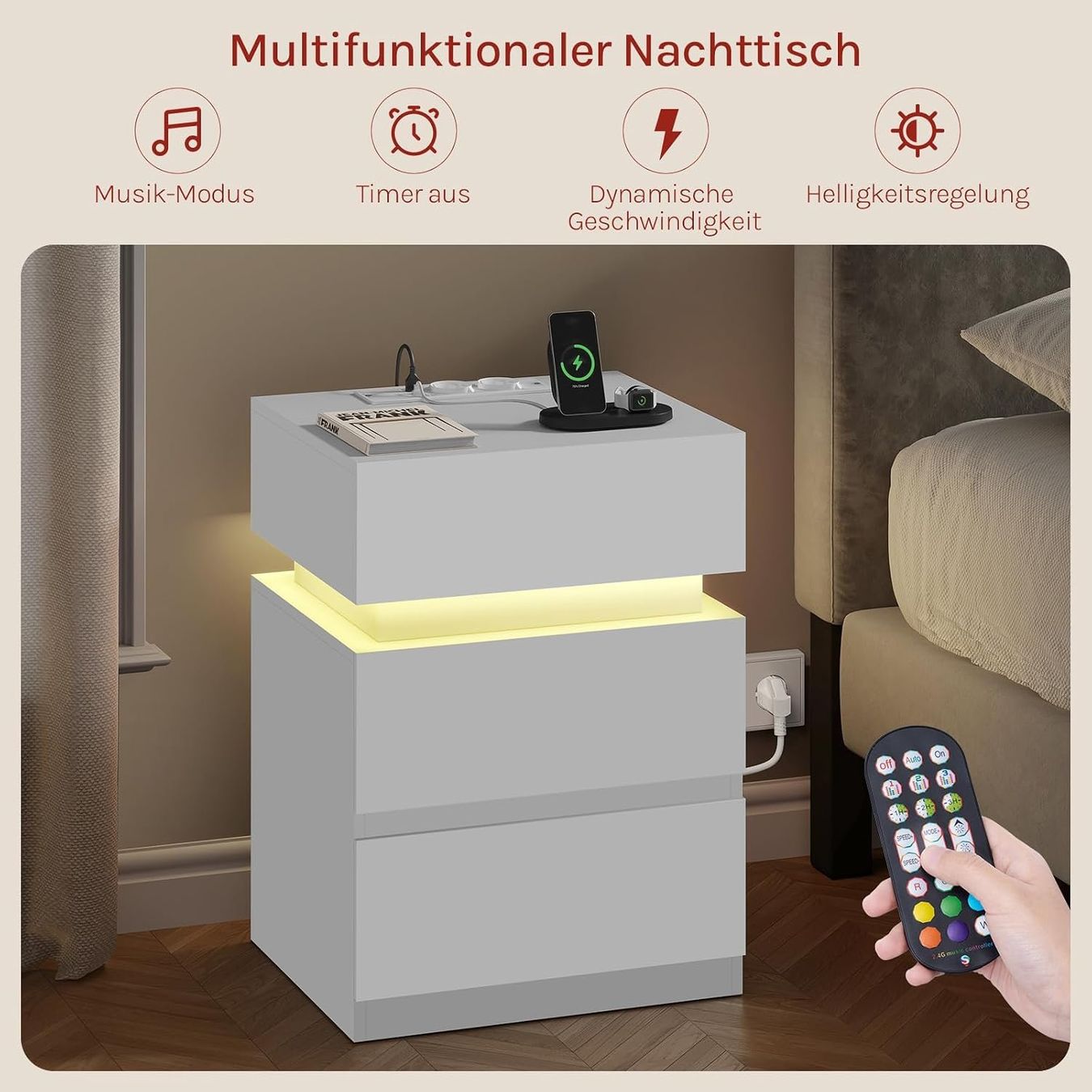 Nachttische: Nachttisch 2er-Set mit Steckdose und LED-Licht Weiss – Neu und originalverpackt aus Schaffhausen von Gipfelgut 7
