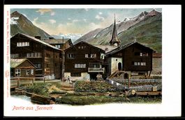 AK Zermatt, Ortspartie mit Kirchturm und Bergpanorama