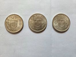 5 Franken Münze Schweiz 3Stk.1954/67/59 unz. aus Silber