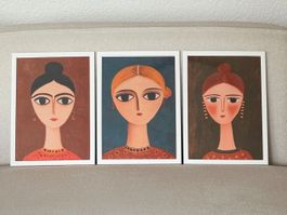 🟢 3x portraits naïfs encadrés / 3x Gerahmte naive Porträts