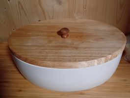 Brotkasten Weiss Holzdeckel Oval 36cm guter Zustand