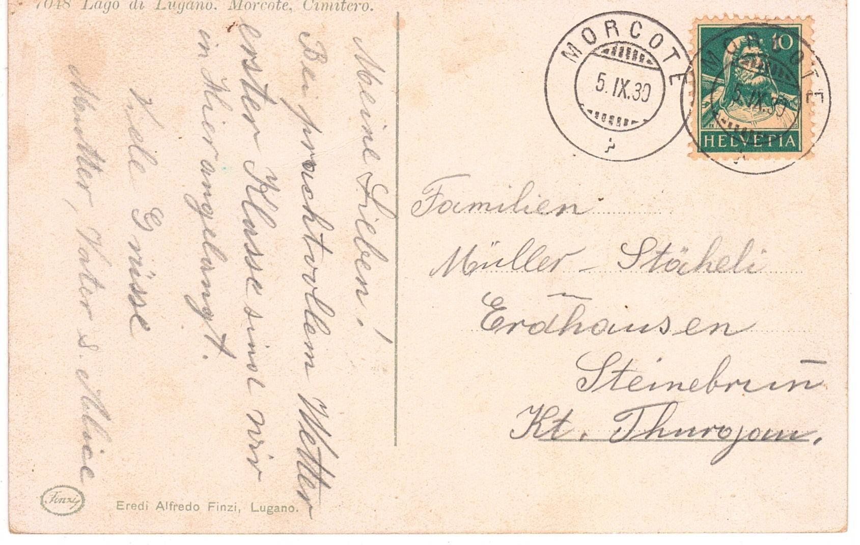 Ansichtskarten: 1930 Lago di Lugano, Morcote, Cimitero – Gebraucht aus Kreuzlingen von Koi4 1