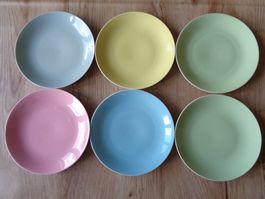 6 LILIEN PORZELLAN TELLER ROSA BLAU GELB GRÜN GRAU VINTAGE