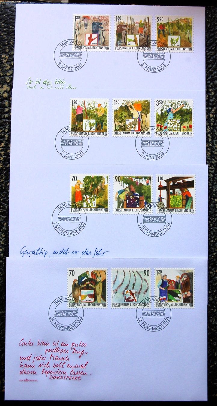 Alle Briefmarken: Liechtenstein - 4 FDC différentes les 4 saisons de la vigne – Gebraucht aus Gland von pas_wxw