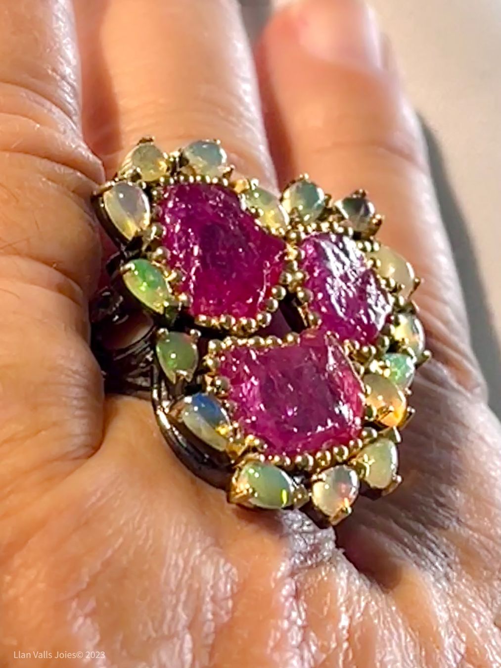 Llan Valls Joies Anelli: Natural Rough Ruby Slabs & Opals Black Rhodium SS925 Ring – Nuovo (secondo la descrizione) da Birsfelden venduto da Brut 3