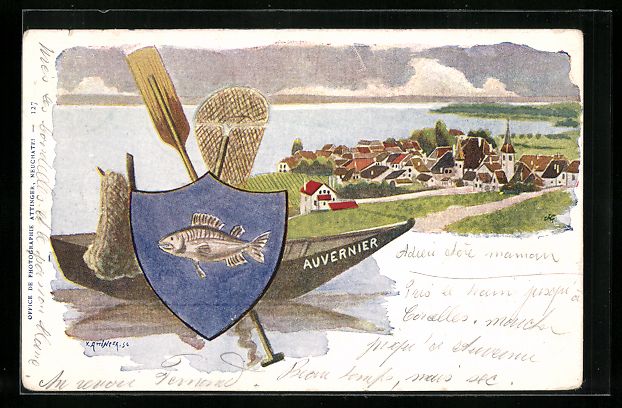 Cartoline postali: Litho Auvernier, Totalansicht, Wappen – Usato da Berlin venduto da bartko-reher