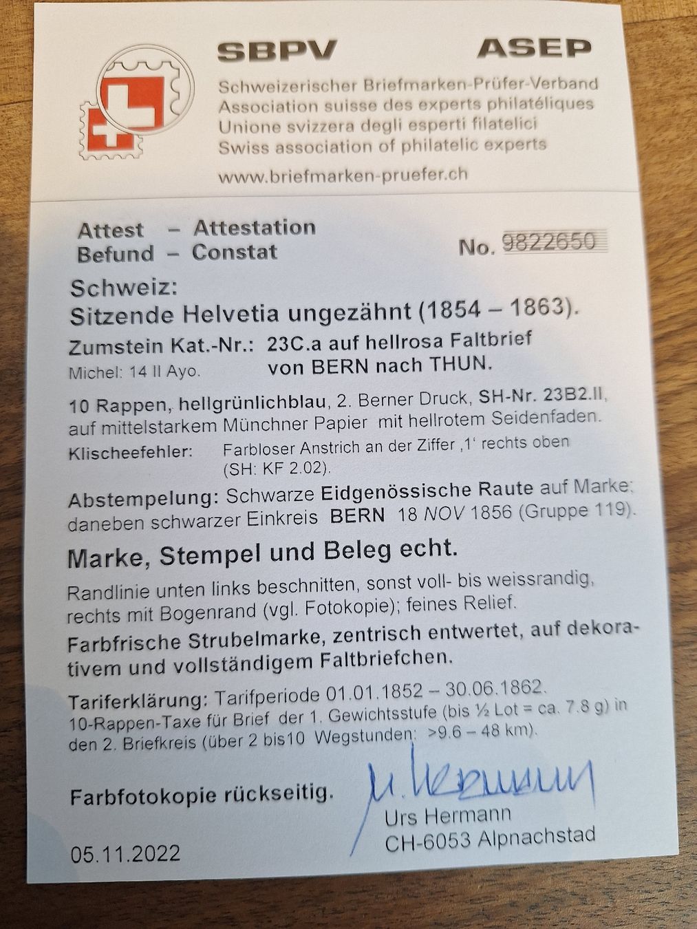 Tutti i francobolli: Strubelbrief 23C.a Kat. 550.- mit Attest Bern - Thun – Usato da Balgach venduto da SIMEON27 2