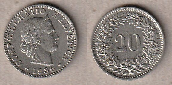 Toutes les monnaies: 20 Rappen 1936 – D'occasion à Allschwil par Coinfreak