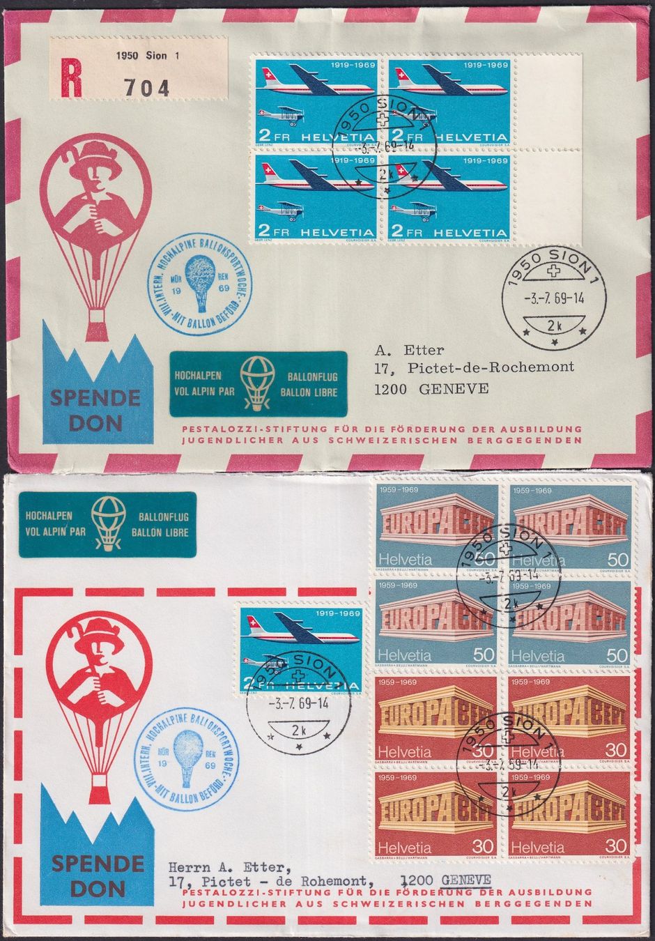 Alle Briefmarken: 4 Ballonpost-Briefe mit HONEN FRANKATUREN. – Gebraucht aus Sursee von Luzernerraute