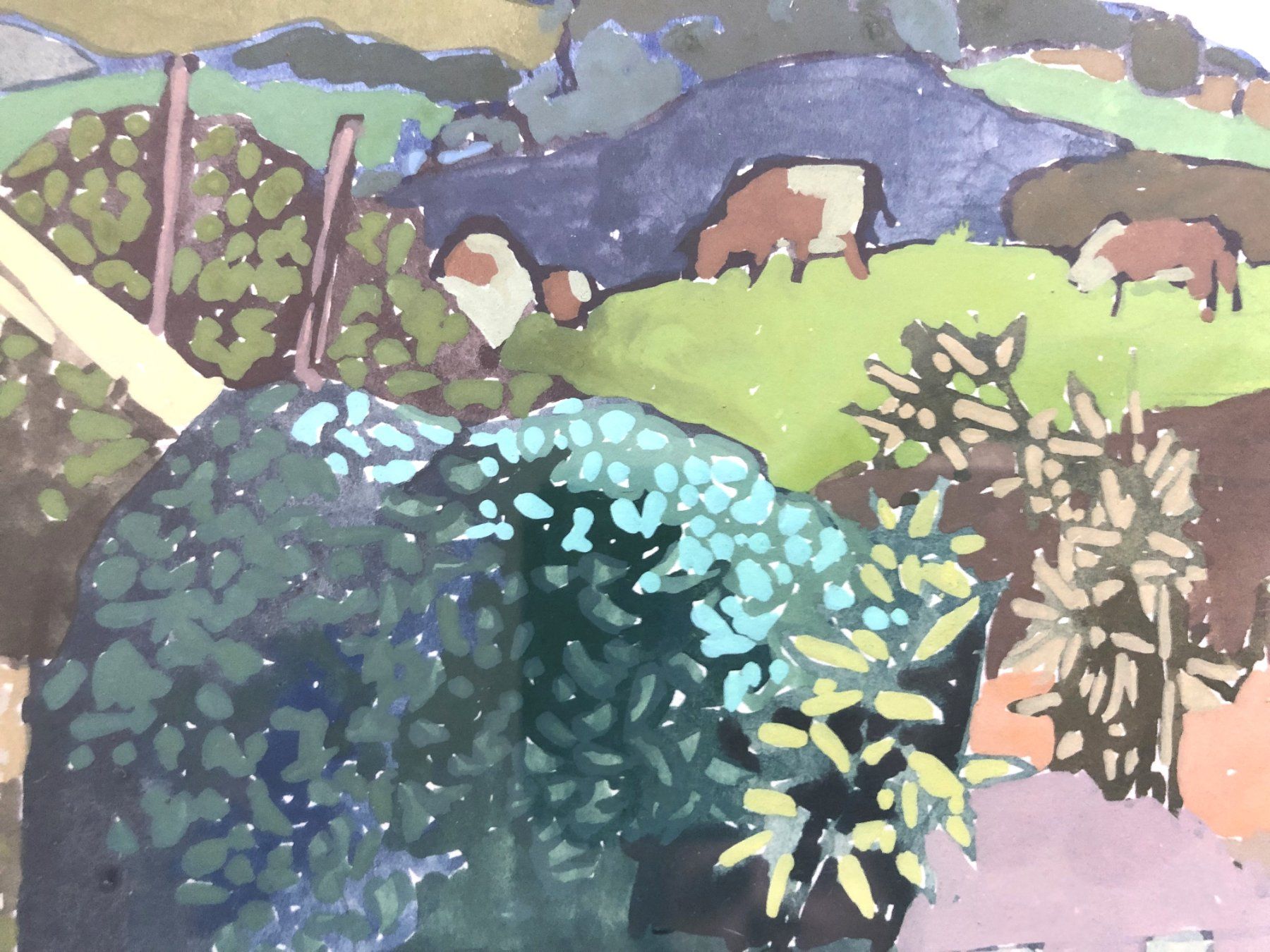 Dipinti: John Napper (1916-2001) - Gouache - "Landscape with cows" – Usato da Schaffhausen venduto da durruti 3