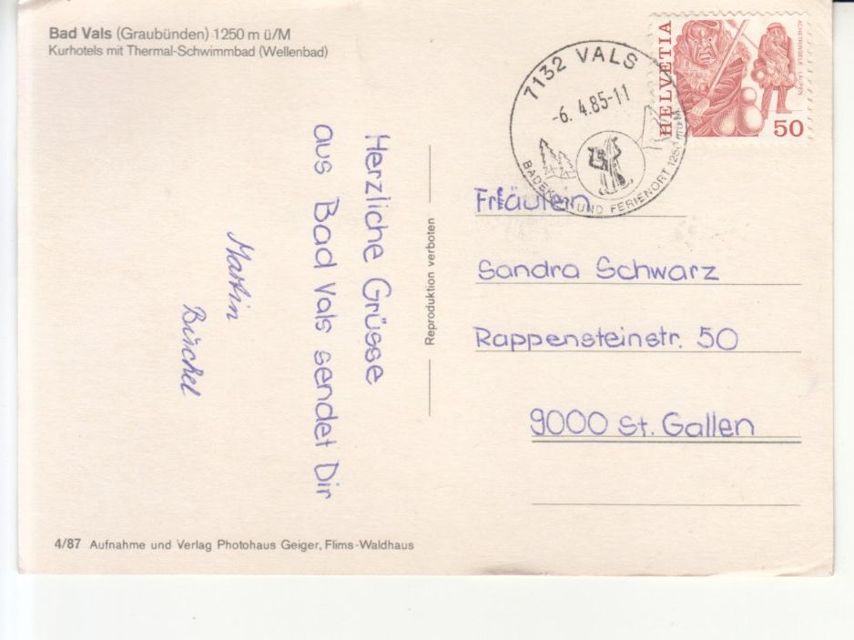 Cartoline postali: Vals 1989 – Usato da Bürglen TG venduto da StampGraf 1