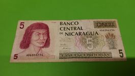 Nicaragua 5 Cordobas Geldschein, A06396234, Top Zustand!