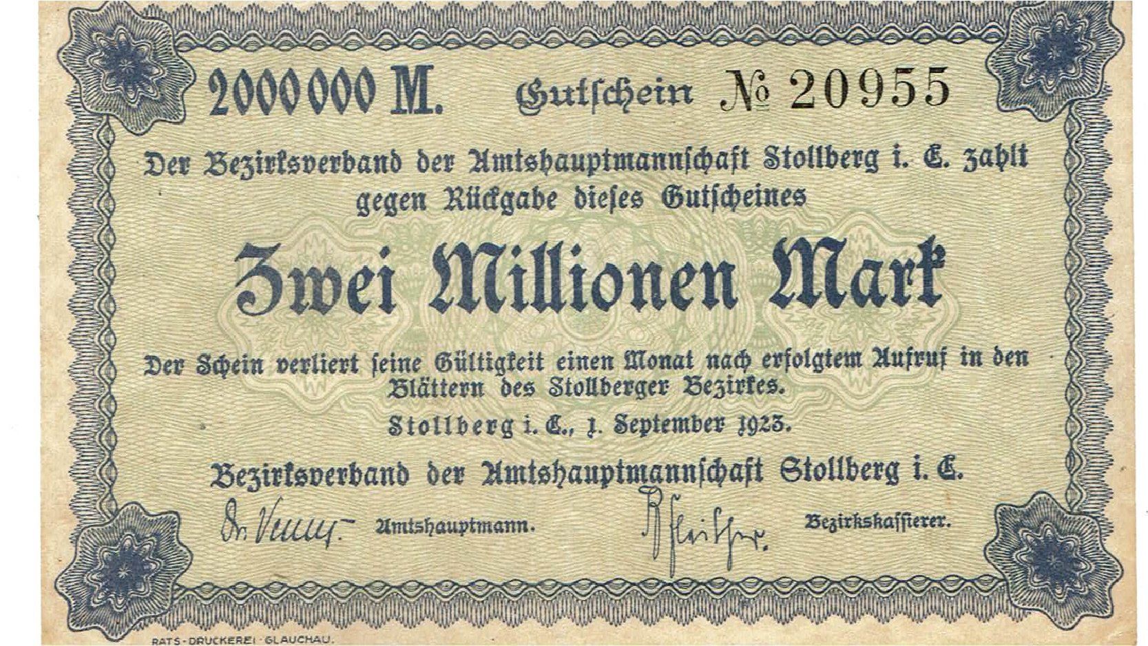 Banconote: Stollberg 2 Mil.Mark 01.09.1923VZ+-VZ++ – Usato da Steffisburg venduto da ber_8htf
