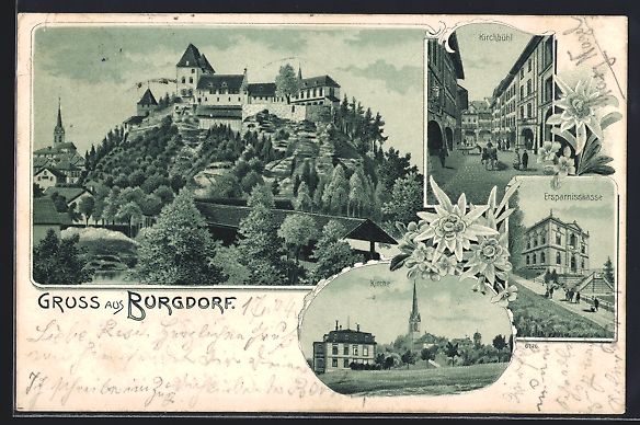 Cartes postales: Litho Burgdorf, Ersparniskasse, Kirche,  – D'occasion à Berlin par bartko-reher
