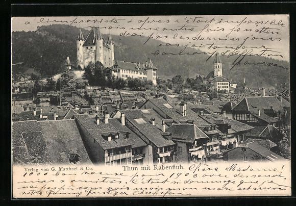 Cartoline postali: AK Thun, Ortsansicht mit Rabenfluh, 1907 – Usato da Berlin venduto da bartko-reher