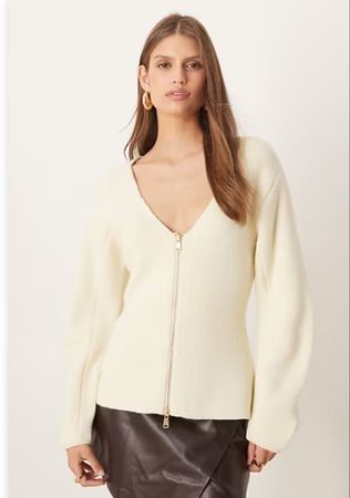 MANGO Strickjacke in Cremeweiss mit Reissverschluss NEU 69.9