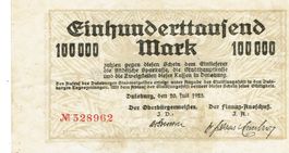 Duisburg 100000 Mark SN rot 20.07.1923 SS++-VZ