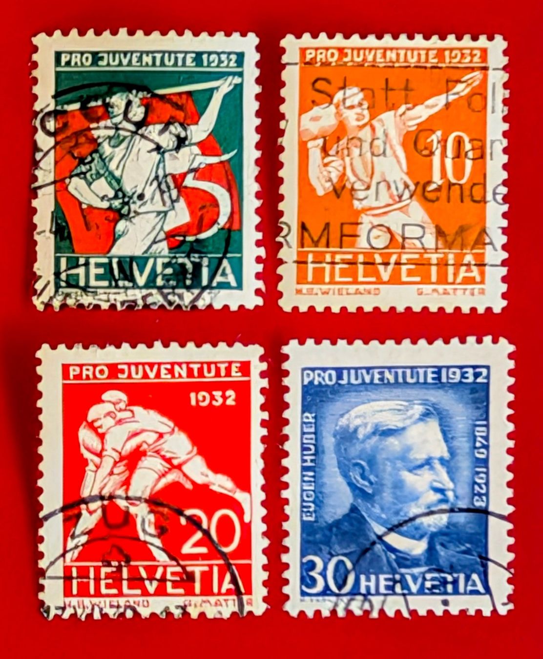 Tutti i francobolli: PRO JUVENTUTE SATZ 61 - 64 1932 GESTEMPELT – Usato da Düdingen venduto da Quartierstrasse