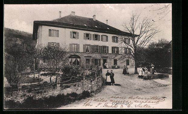 Cartoline postali: AK Cornaux, Ortspartie mit Brunnen, 1909 – Usato da Berlin venduto da bartko-reher