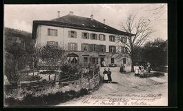 AK Cornaux, Ortspartie mit Brunnen, 1909