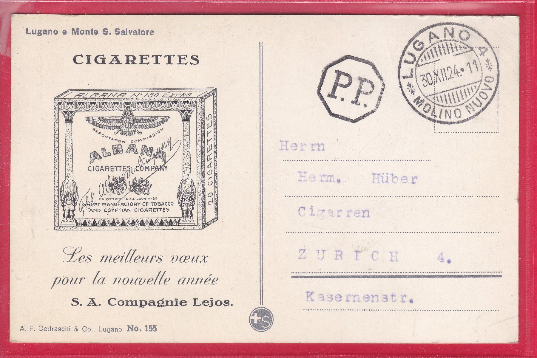 Cartoline postali: LUGANO E MONTE S.SALVATORE, 30.12.1924, P.P. STEMPEL, – Usato da Oberrieden venduto da Gebirgsstelze 1