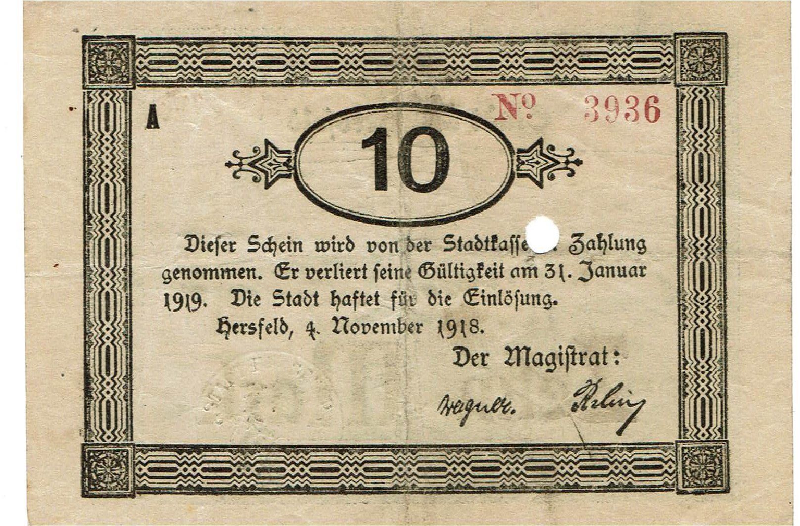 Banconote: Hersfeld 10 Mark 04.11.1918 SS++-VZ – Usato da Steffisburg venduto da ber_8htf 1