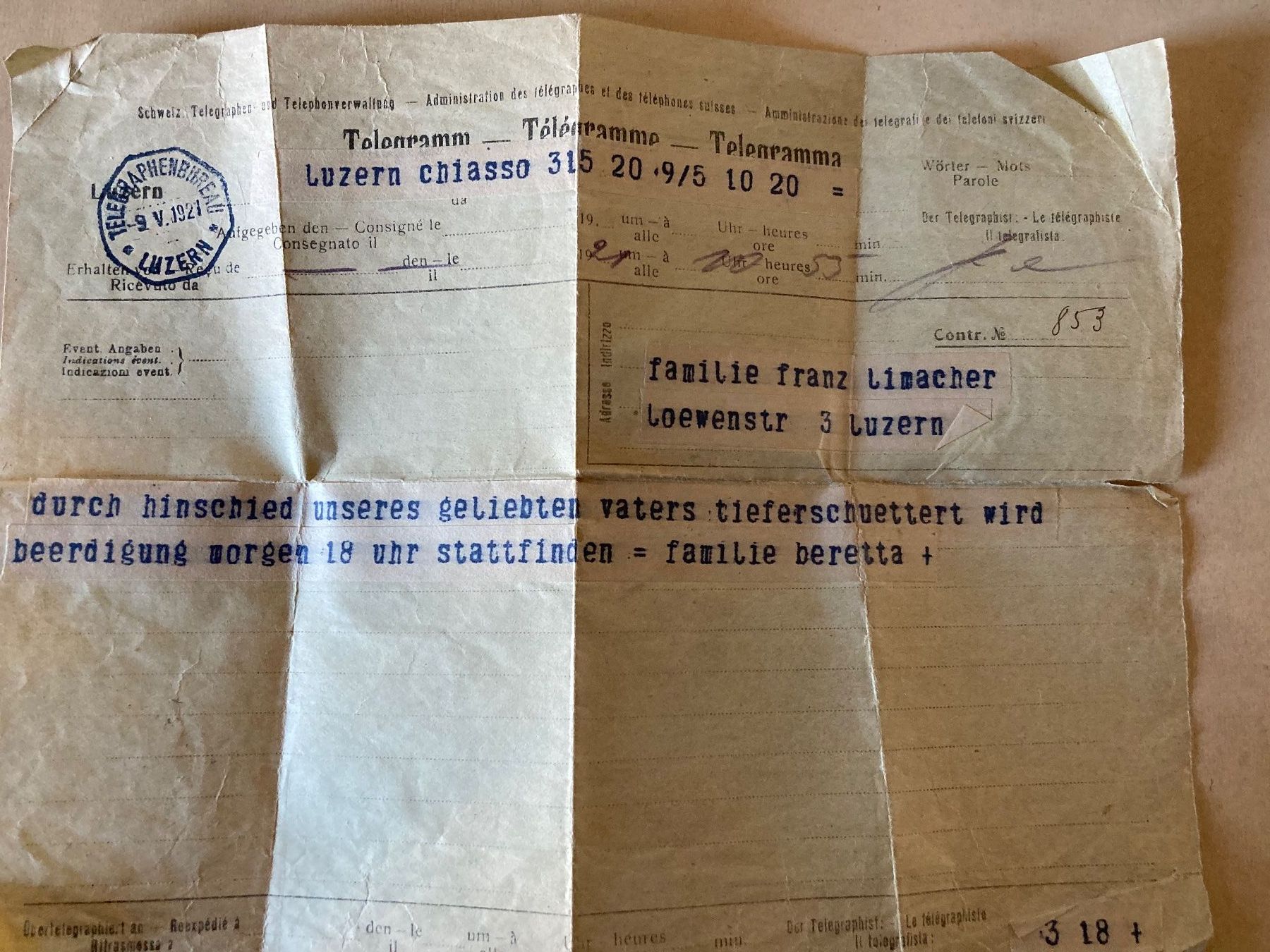 Documenti: Antikes Telegramm Formular, Luzern, 9. Mai 1921 – Usato da Schenkon venduto da Angelikahu 1