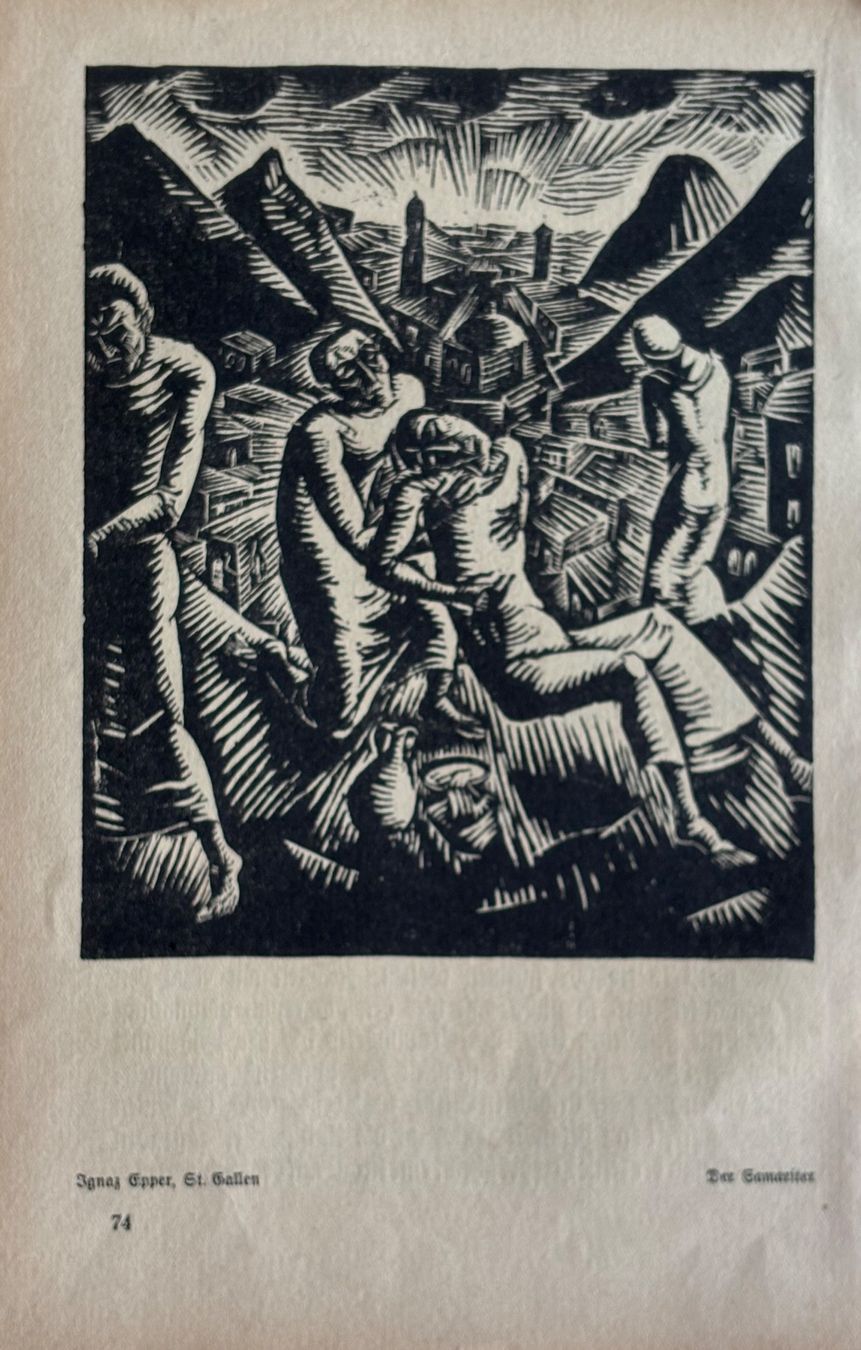 Xilografie: Ignaz Epper, 2x Holzschnitt, Samariter, Geisselung, 1920er – Usato da Frauenfeld venduto da Merk52 1