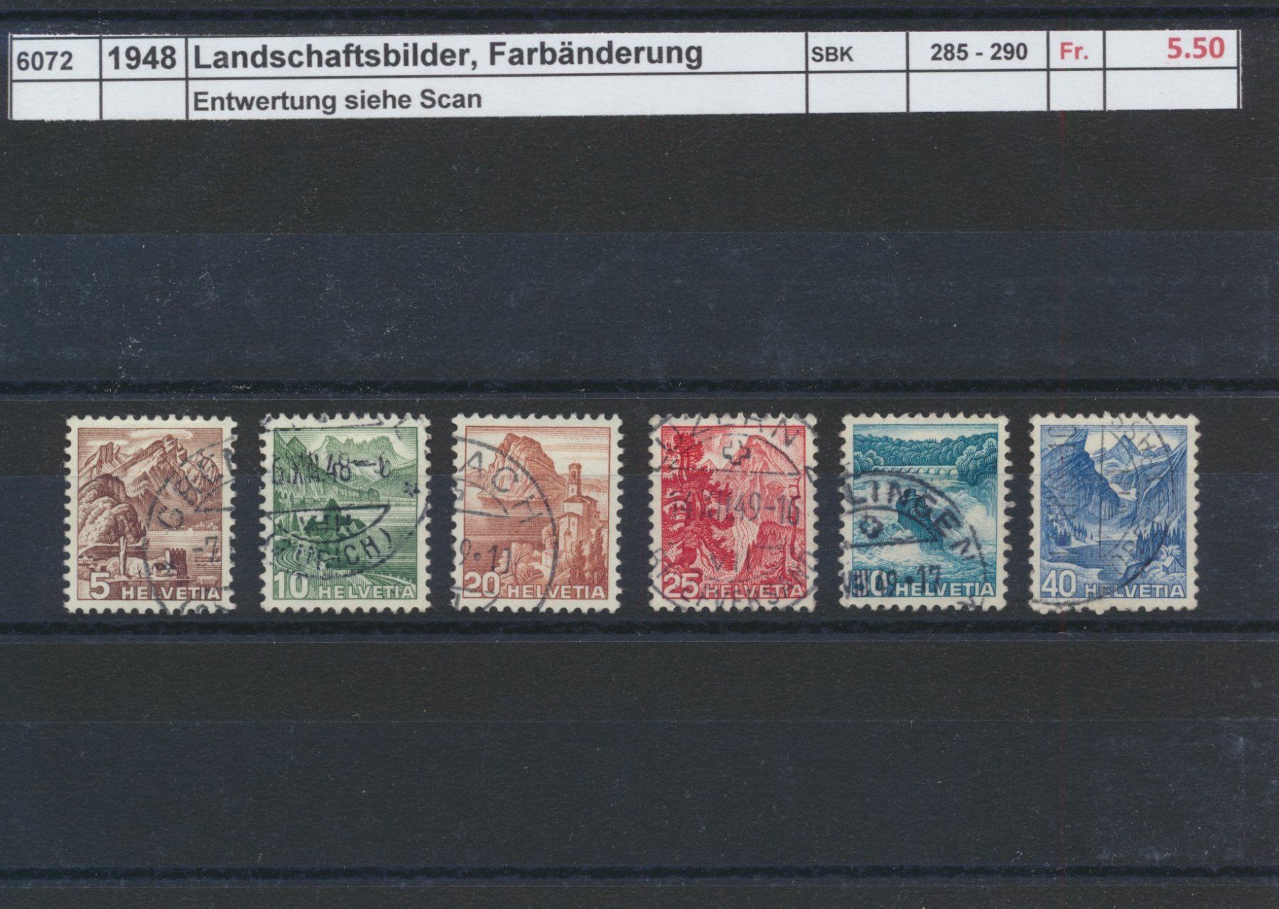 Alle Briefmarken: 1948 "Landschaftsbilder - Farbänderung", gestempelt – Gebraucht aus Winterthur von Zupogeru