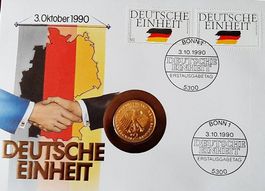 Deutsche Einheit 3. Oktober 1990 - Briefmarken und Münze