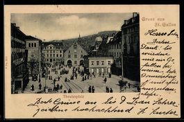 AK St. Gallen, Theaterplatz mit Säule aus der Vogelschau