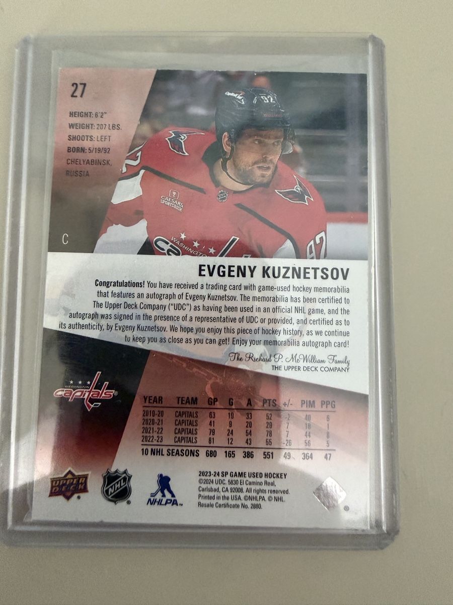 NHL Carte collezionabili:  2023-24 SP Game Used Auto Jersey /99 Evgeny Kuznetsov – Usato da Meierskappel venduto da Cc19 1