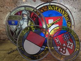 4 Bleiglasbilder Wappen Schweiz Schützen Konvolut