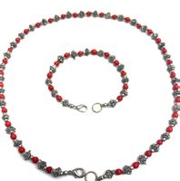 Vintage Schmuck-Set (Kette & Armband) Boho-Style–Rot/Silber