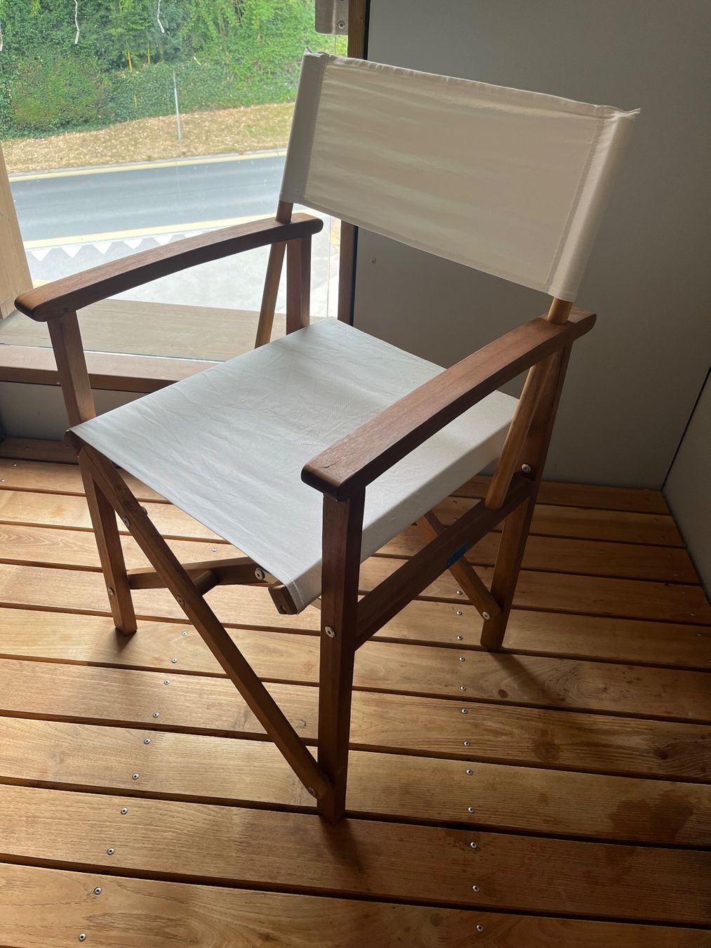 Sedie: 3x Gartenstuhl Holz / cremeweisser Stoff – Usato da Gurbrü venduto da tam_wb9p 1