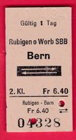 KARTON BILLETT, RUBIGEN WORB SBB - BERN, 2.KLASSE, RETOUR