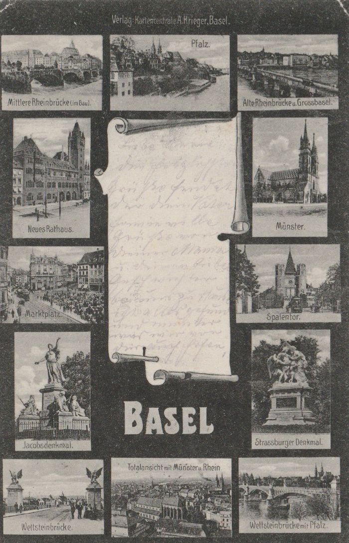 Ansichtskarten: CH 256 Basel, mit 12 kleinen Einzelbildern, 1905 – Gebraucht aus Freienbach von Bhaltis