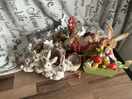 Osterdekoration Figuren Hasen Kücken Hahn Keramik Holz gemis
