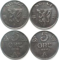 NORWEGEN 5 Ore 1941 & 1942 DEUTSCHE BESATZUNG Eisen vz+