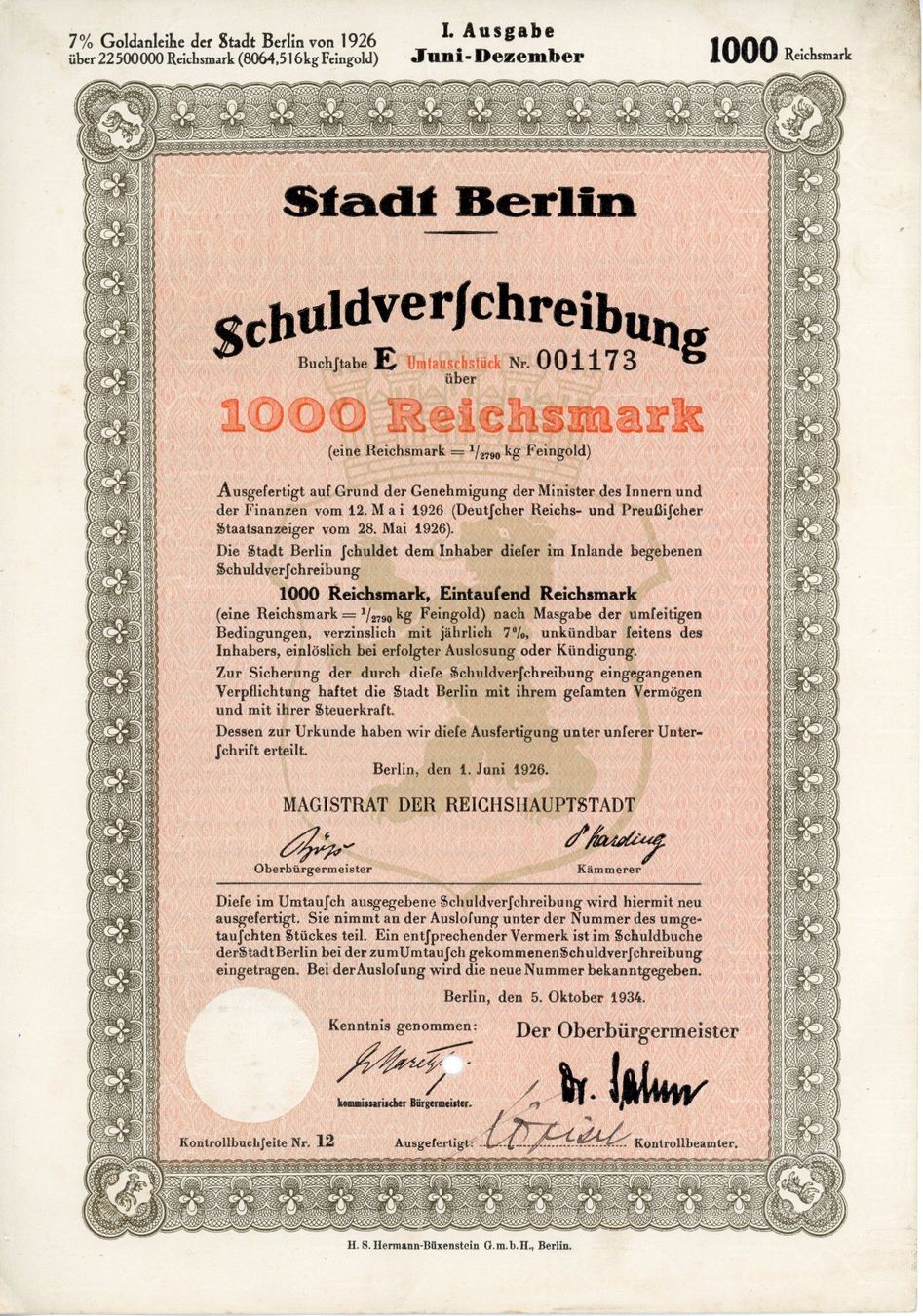 Documenti: Stadt Berlin Schuldverschreibung 1926 – Usato da Wald ZH venduto da Mci