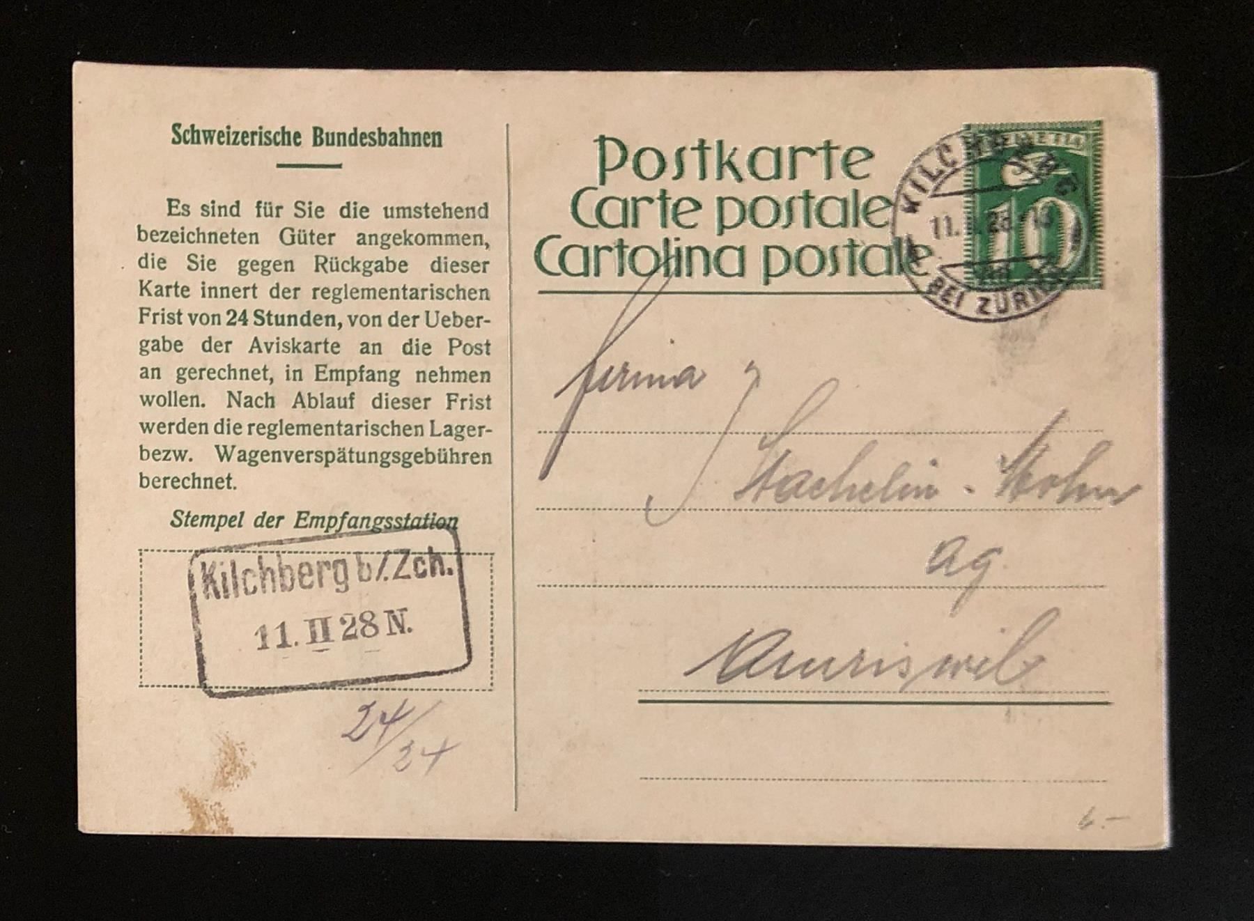 Tutti i francobolli: Güter AVIS der SBB KILCHBERG 1928 – Usato da Lufingen venduto da Rac0