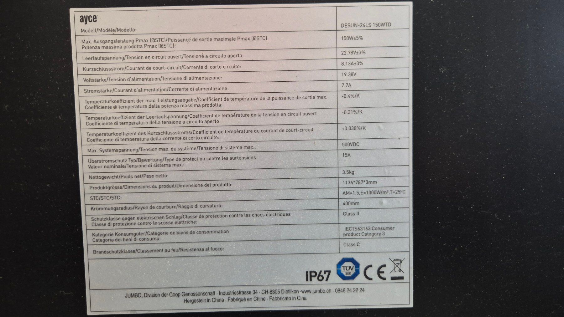 Dispositivi a energia solare: Ayce flexible solar panel 150W – Usato da Gachnang venduto da Thx 1