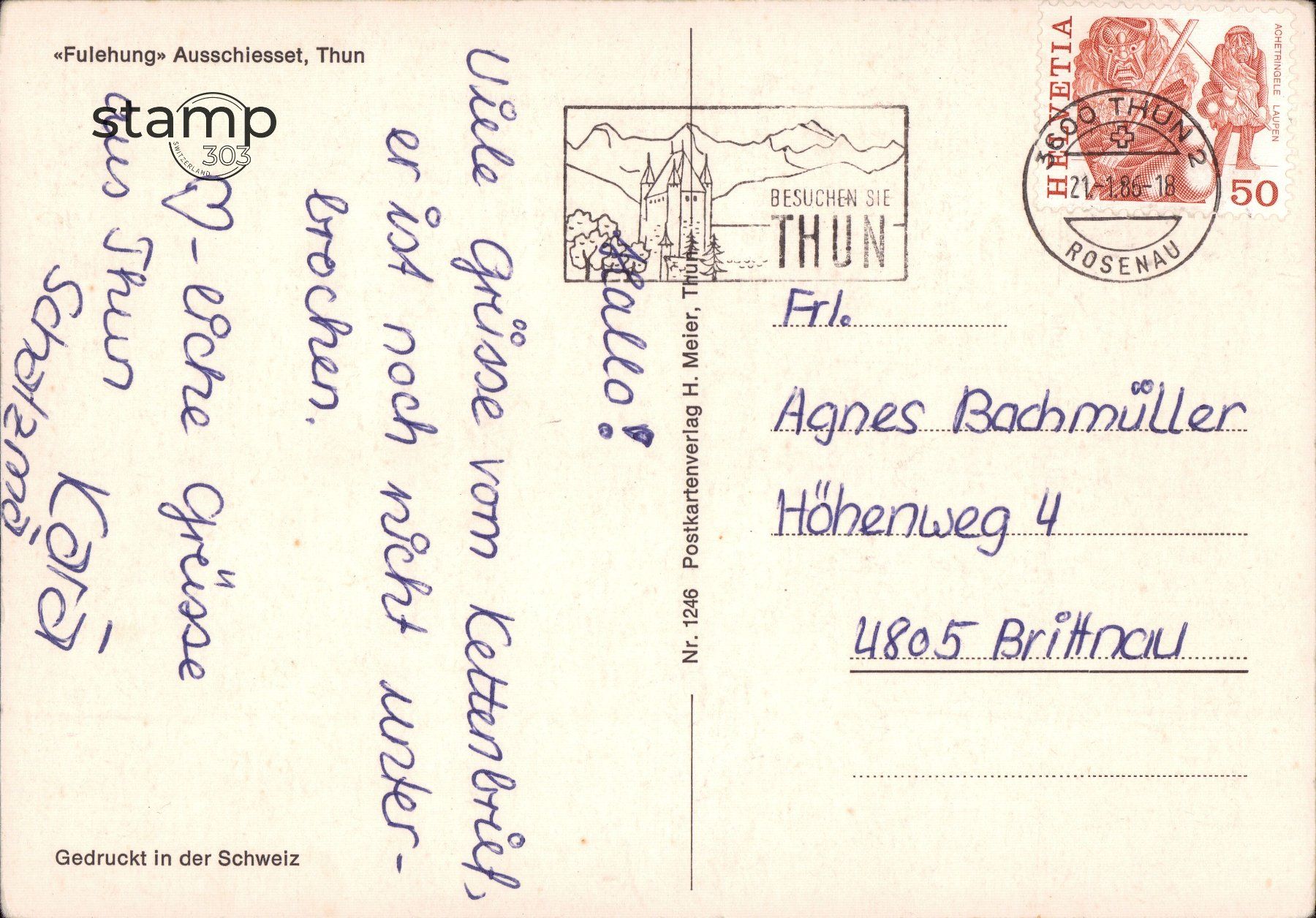 Cartoline postali: 1986 AK Thun - Fulehung - Ausschiesset – Usato da Eggersriet venduto da stamp303 1
