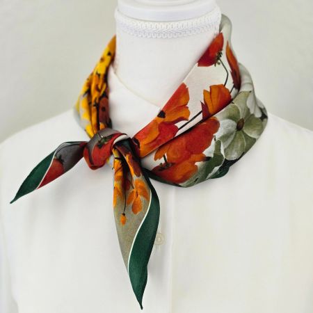 New 53cm Poppy Flower Silk Scarf, 100% Silk Floral Halstuch