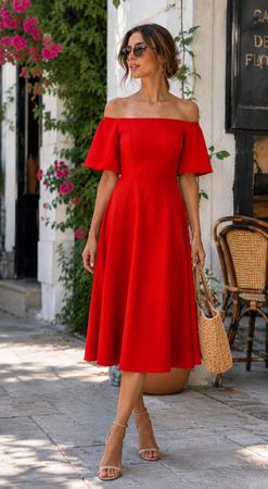 Zara Casual Kleid rot Midikleid Gr.L (38) Off-Shoulder NEU