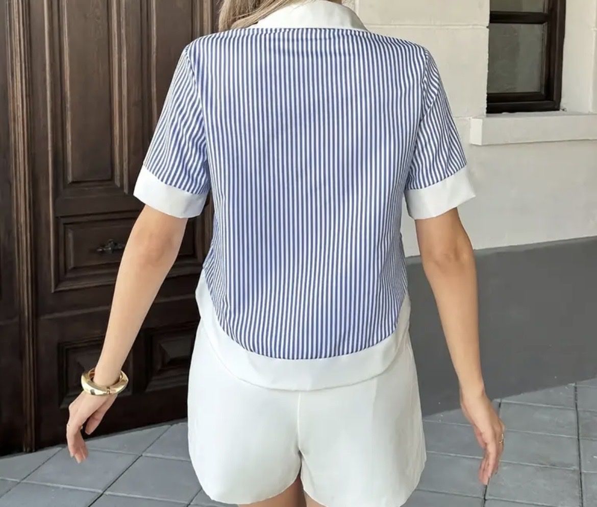 Camicette: Blau-weiss gestreifte Kurzarmbluse / Hemdbluse Blau – Nuovo (secondo la descrizione) da Teufen AR venduto da amo_hz5k 5