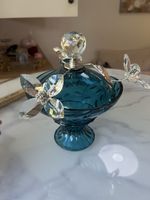 Glasschale mit Deckel blau mit Kristallblumen 